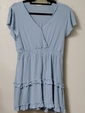 Light Blue Ruffle Tiered V‑Neck Tunic Dress